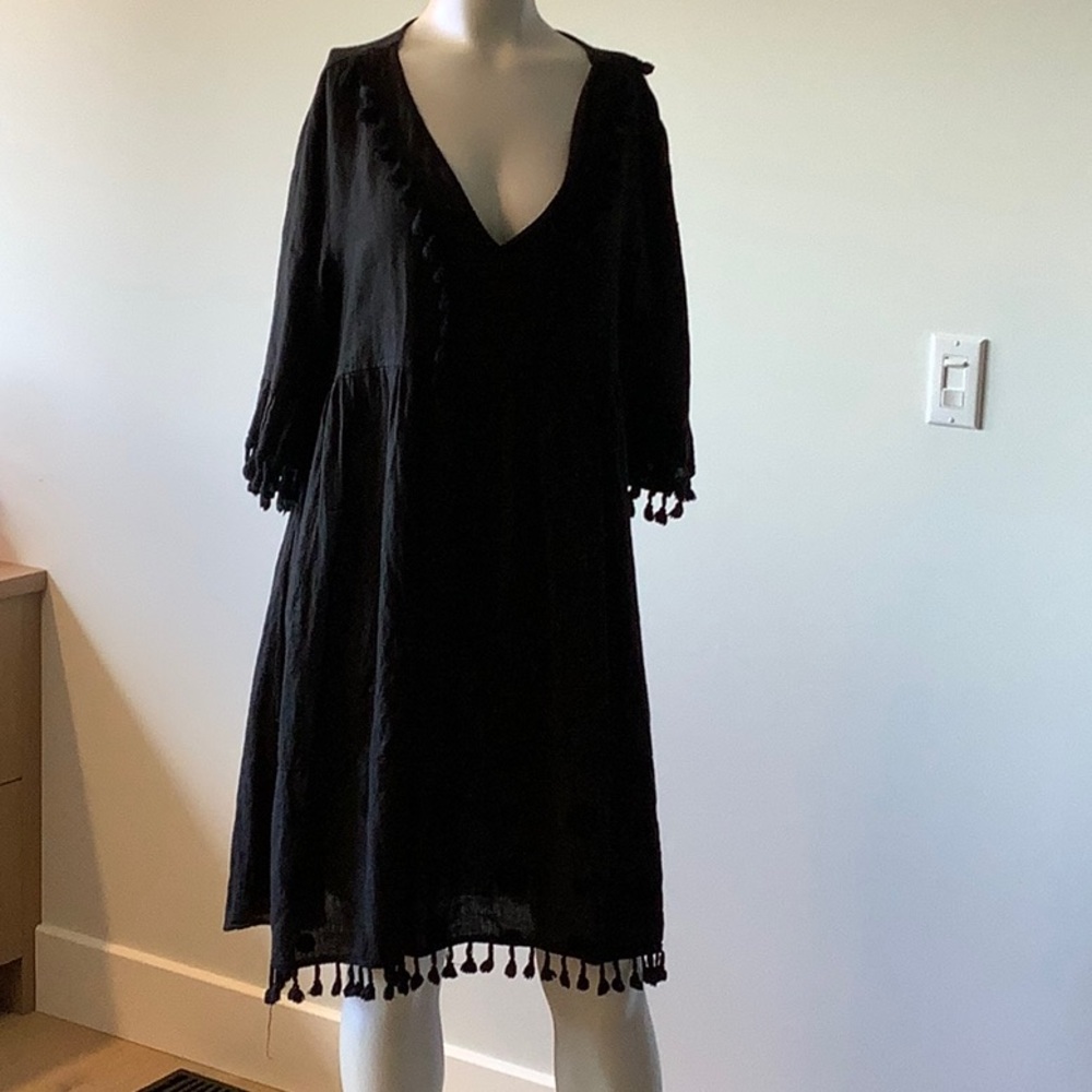 Pistache Black Cotton V-Neck Dress with Tassel Trim, one size fits all